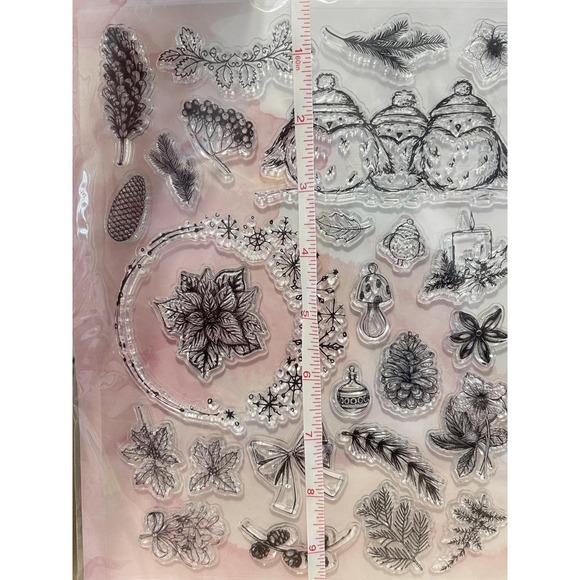 RARE EARTH WINTER FLORAL 26 CLEAR CLING STAMPS CHRISTMAS BIRDS TWIGS PINECONE - Picture 7 of 7